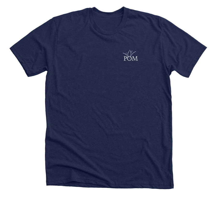 The POM (left chest), a Solid Navy Blend Premium Unisex Tee
