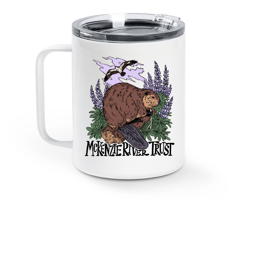Beaver Mug, a White Stainless Steel Travel Mug (back-view)