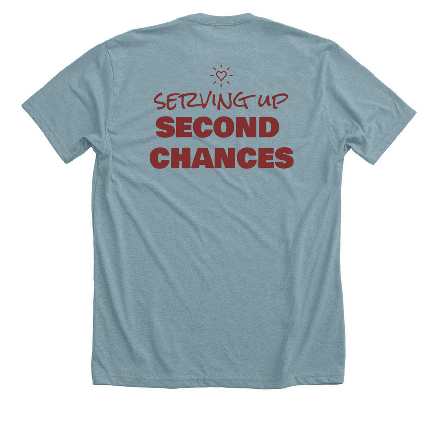 Serving up second chances, a Heather Blue Lagoon Premium Unisex Tee (back-view)