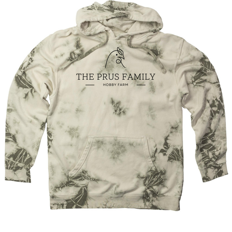 Prus Family Logo in Black, a Olive Tie Dyed Pullover Hoodie