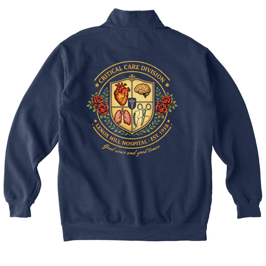 Critical Care, a True Navy Comfort Colors Quarter Zip Pullover (back-view)