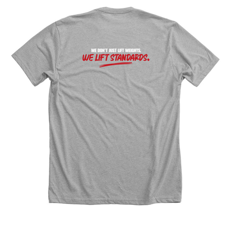 We don't just lift weights, we lift standards, a Athletic Heather Premium Unisex Tee (back-view)