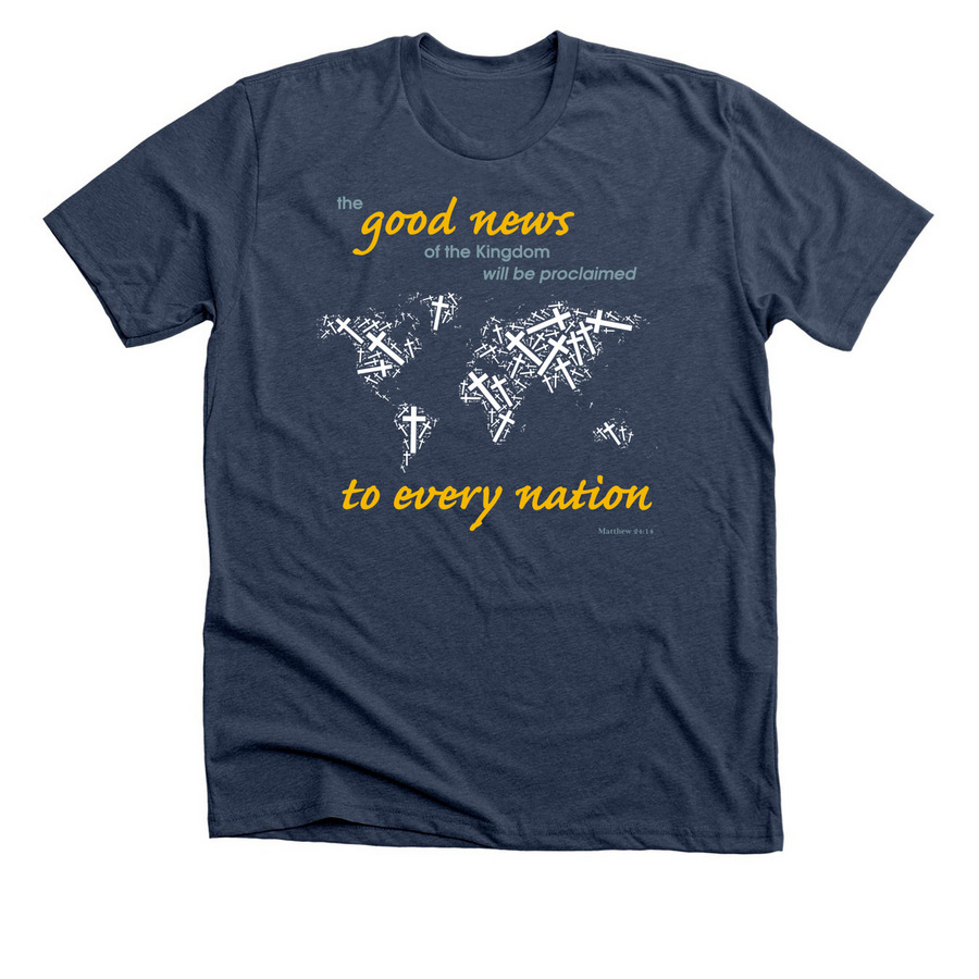 Good News to Every Nation, a Heather Navy Premium Unisex Tee