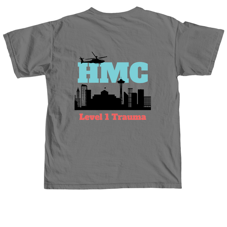 NICU (white font), a Grey Comfort Colors Unisex Tee (back-view)