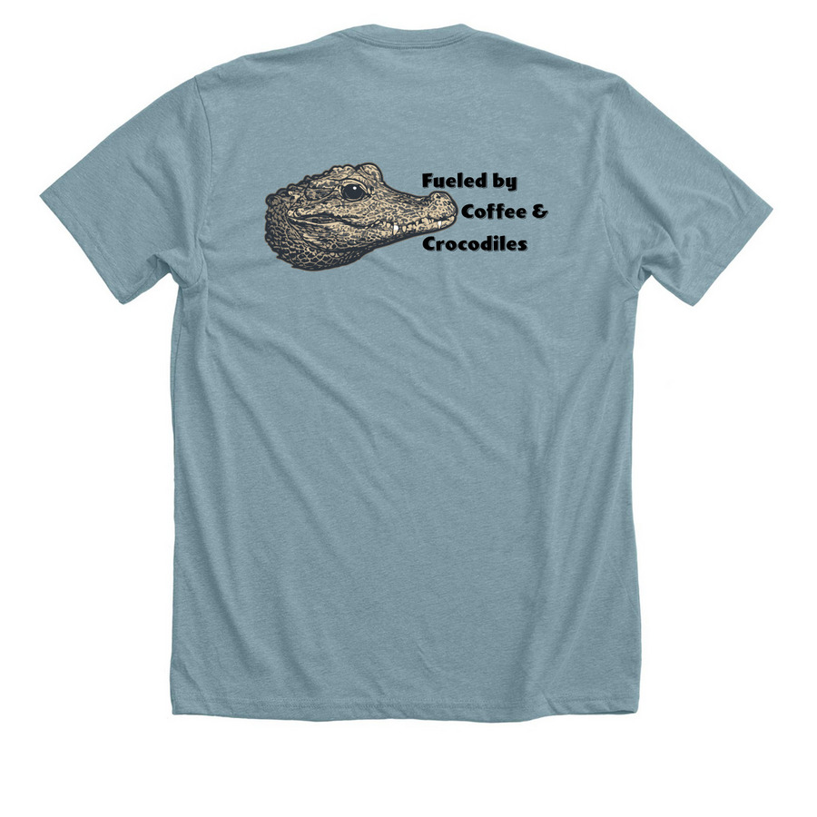 Fueled by Coffee & Crocodiles, a Heather Blue Lagoon Premium Unisex Tee (back-view)