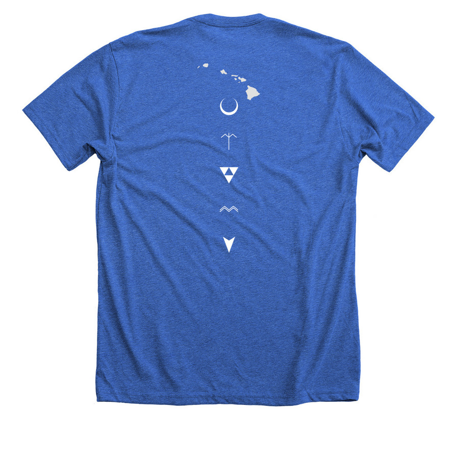 Mysteries of Hawai'i Stamp Tee, a Heather True Royal Premium Unisex Tee (back-view)