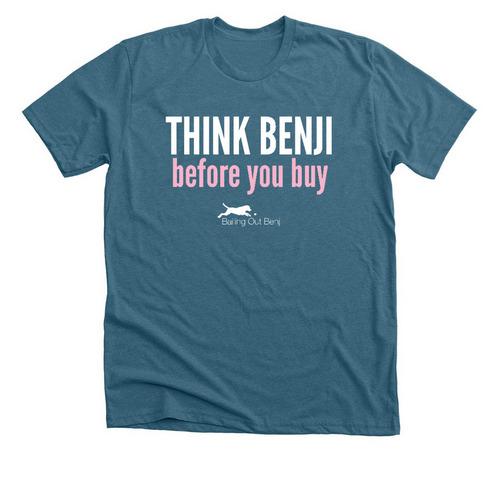 Think Benji Before You Buy, a Heather Deep Teal Premium Unisex Tee