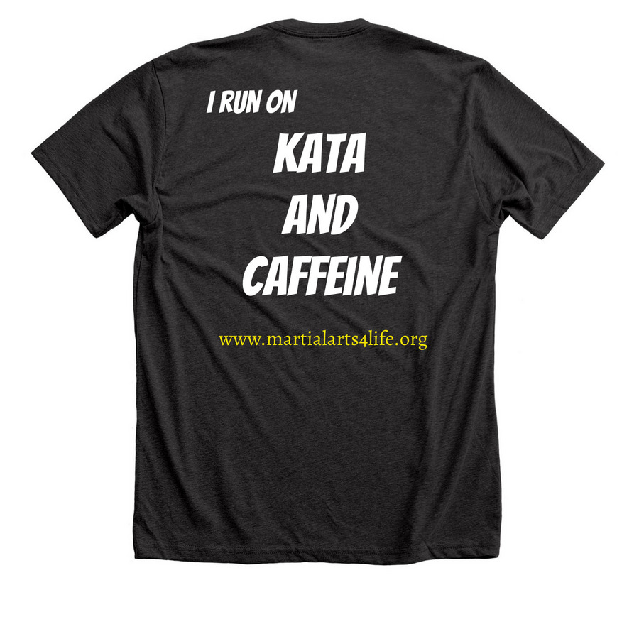 Kata and Caffeine, a Dark Grey Heather Premium Unisex Tee (back-view)