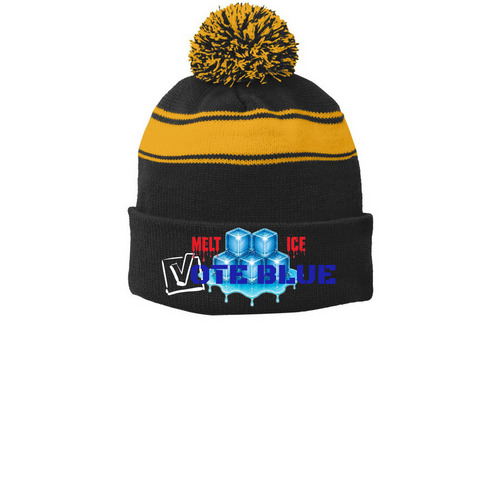 MELT ICE - VOTE BLUE Beanie Hat, a Black/ Gold Printed Stripe Pom-Pom Beanie