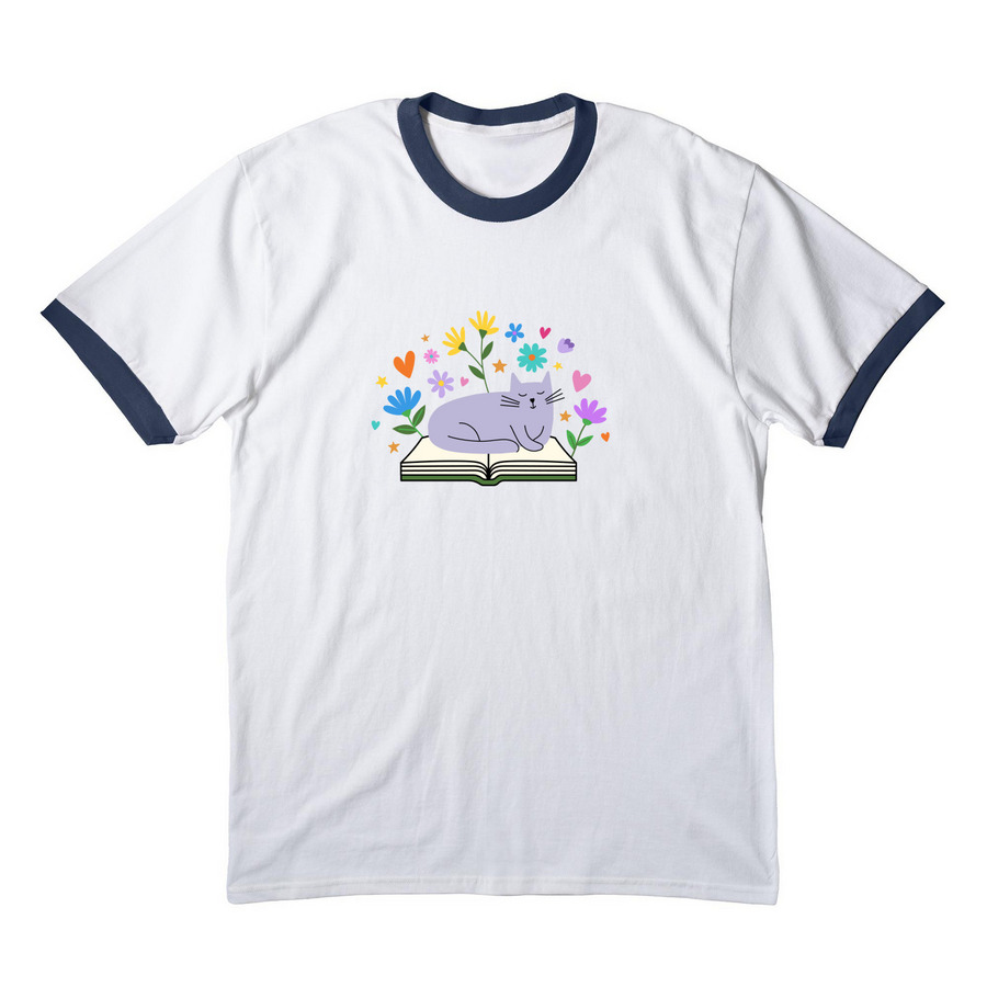 Book Cat, a White/ Navy Cotton Ringer Tee