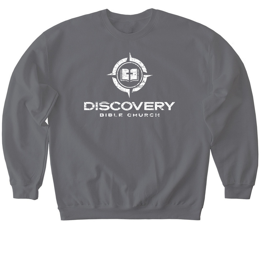Outreach Sweatshirt - Distressed White Logo, a Charcoal Softstyle Crewneck Sweatshirt