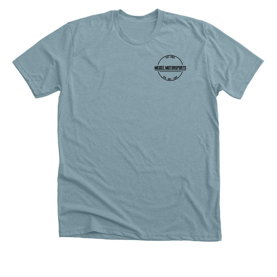 Black McGee Motorsports Logo, a Heather Blue Lagoon Premium Unisex Tee