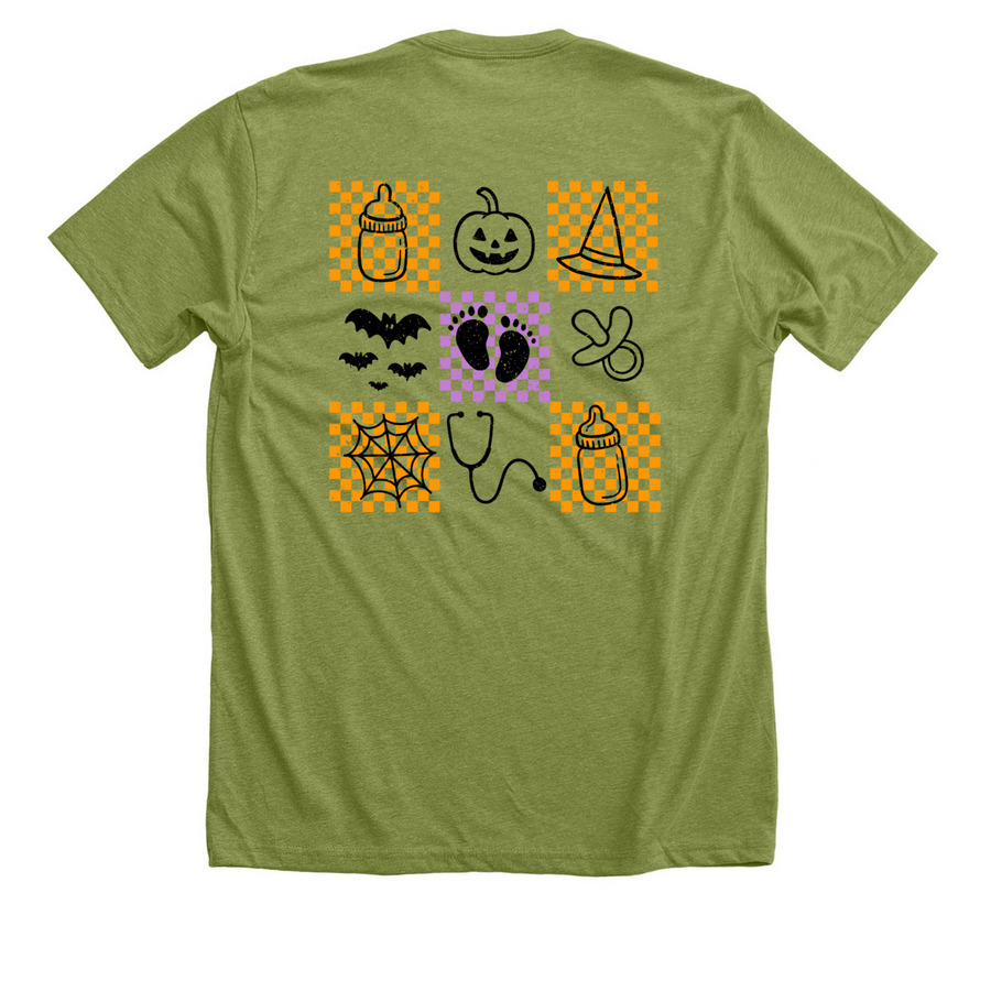 Gingham x spooky, a Heather Green Premium Unisex Tee (back-view)