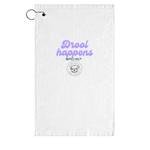 Drool Happens, a White Golf Towel