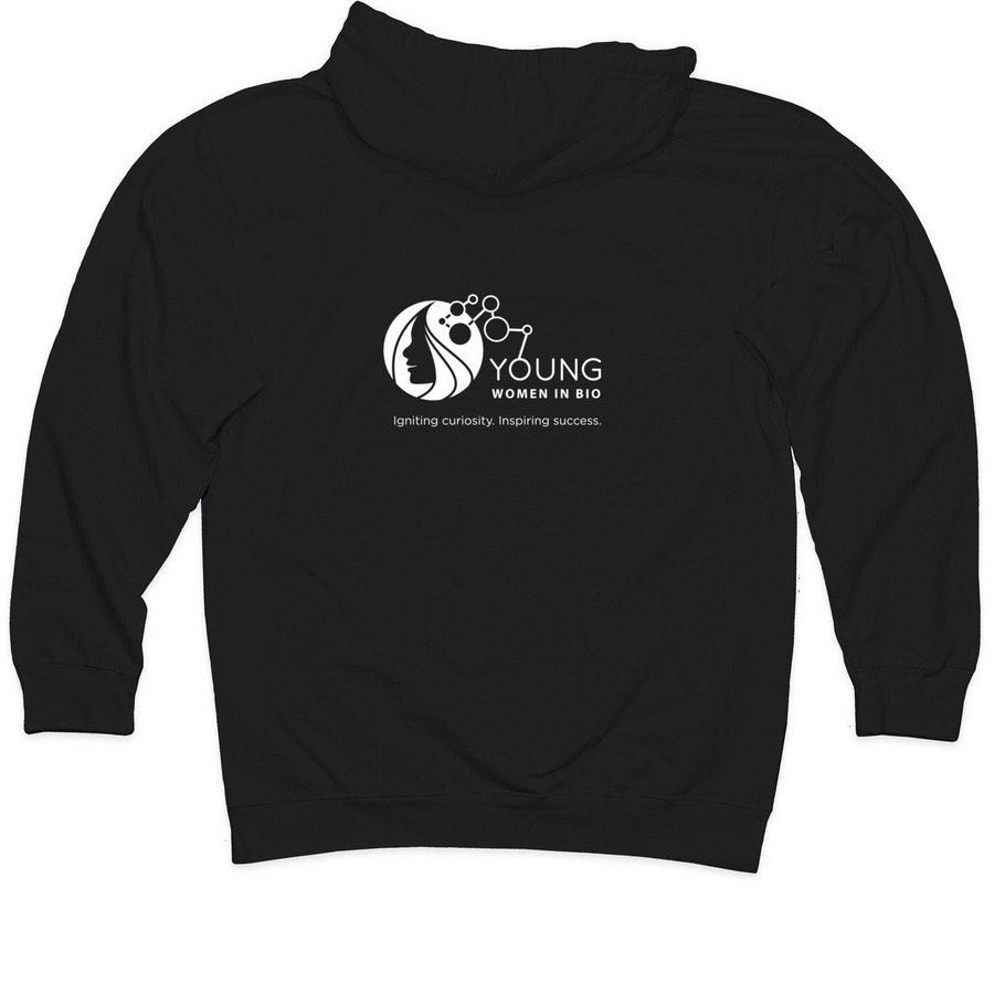 Young Women In Bio Gear, a Black Midweight Pullover Hoodie (back-view)