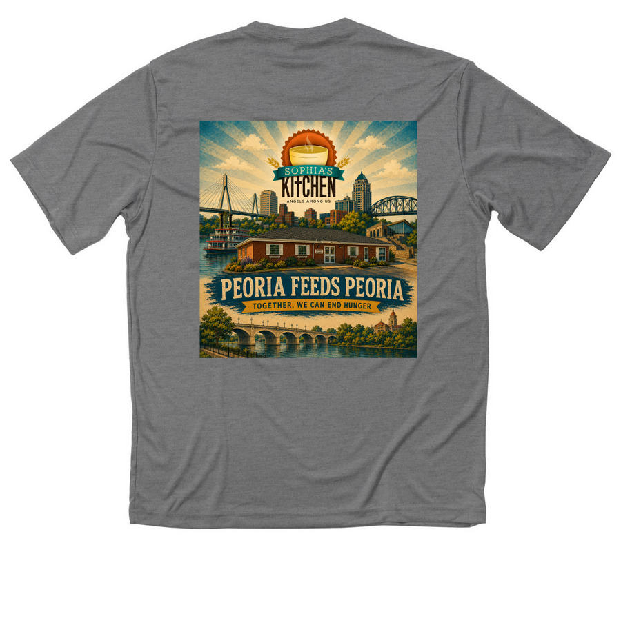Peoria feeds Peoria, a Grey Concrete Heather Classic Performance Tee (back-view)