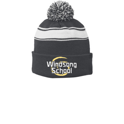 Windsong Beanie, a Iron Grey/ White Printed Stripe Pom-Pom Beanie