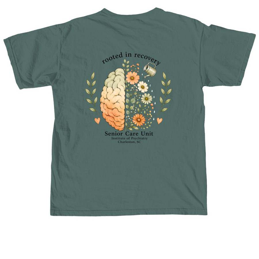 Rooted in Recovery, a Blue Spruce Comfort Colors Unisex Tee (back-view)