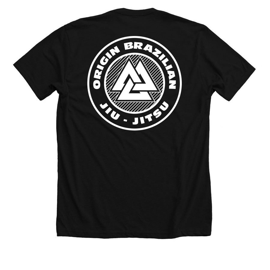 Small white logo, a Solid Black Blend Premium Unisex Tee (back-view)