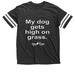 "My dog gets high on grass." K9 Frisbee Shirt, a Vintage Smoke / White Football Jersey Tee