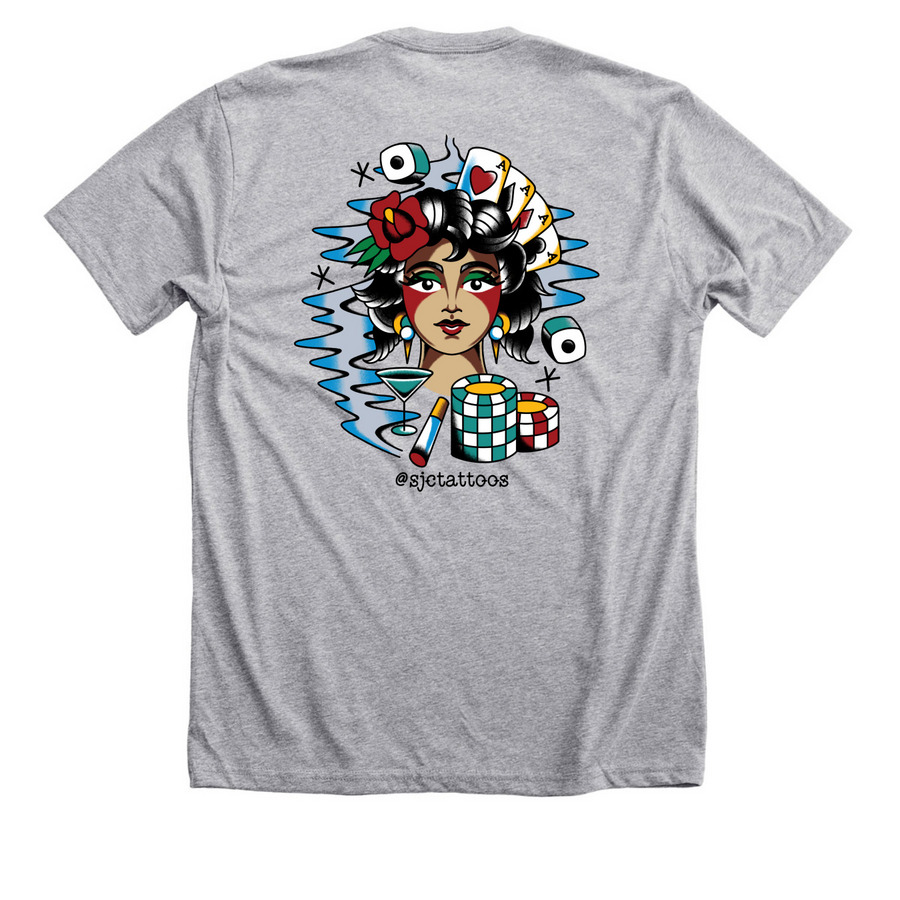 The Gambler, a Athletic Heather Premium Unisex Tee (back-view)