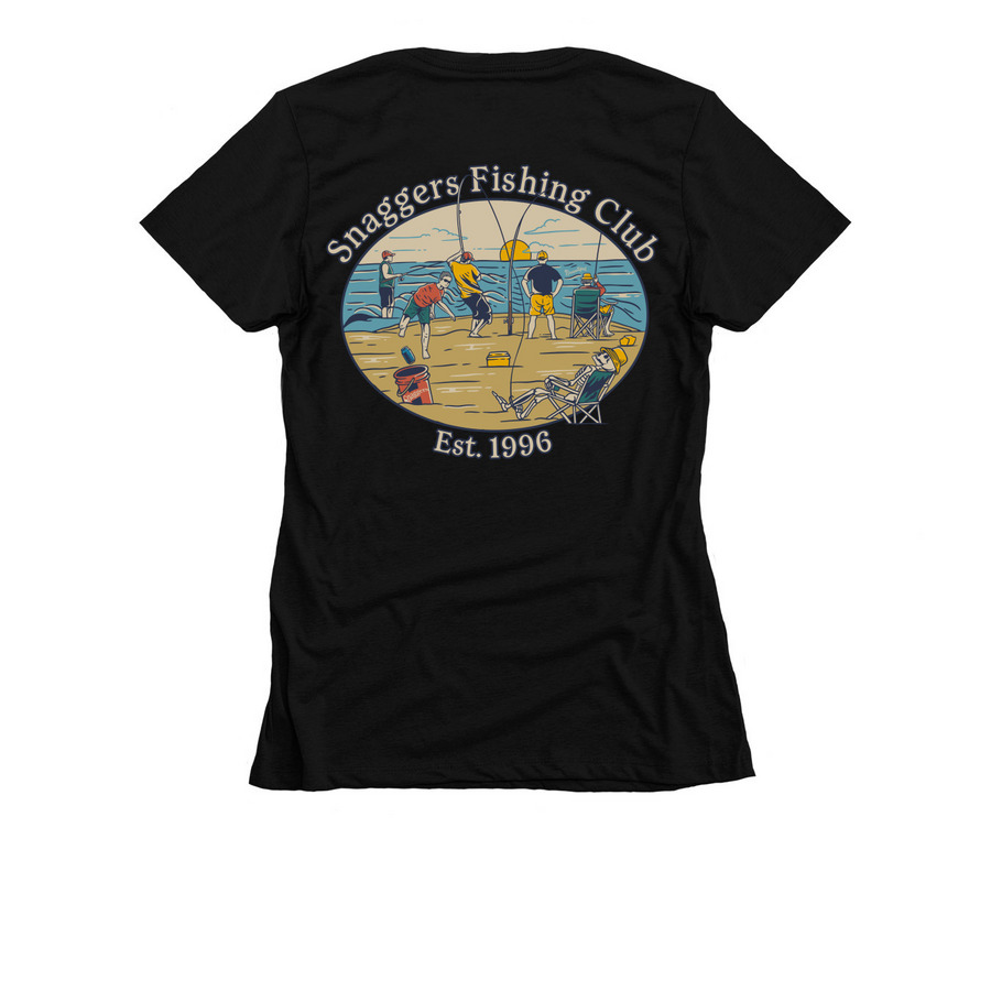 Snaggers Fishing Club, a Black Women's Slim Fit Tee (back-view)