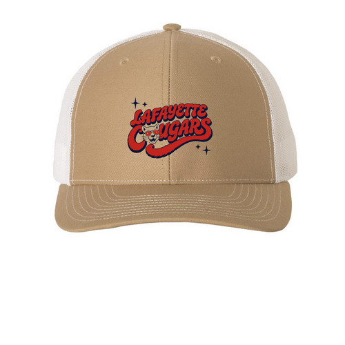 Retro Cougar Cap - Horizontal, a Khaki/ White Printed Snapback Trucker Cap