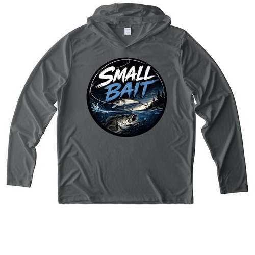 Small Bait Fishing Shirt, a Dark Smoke Grey UV Performance Long Sleeve Hoodie