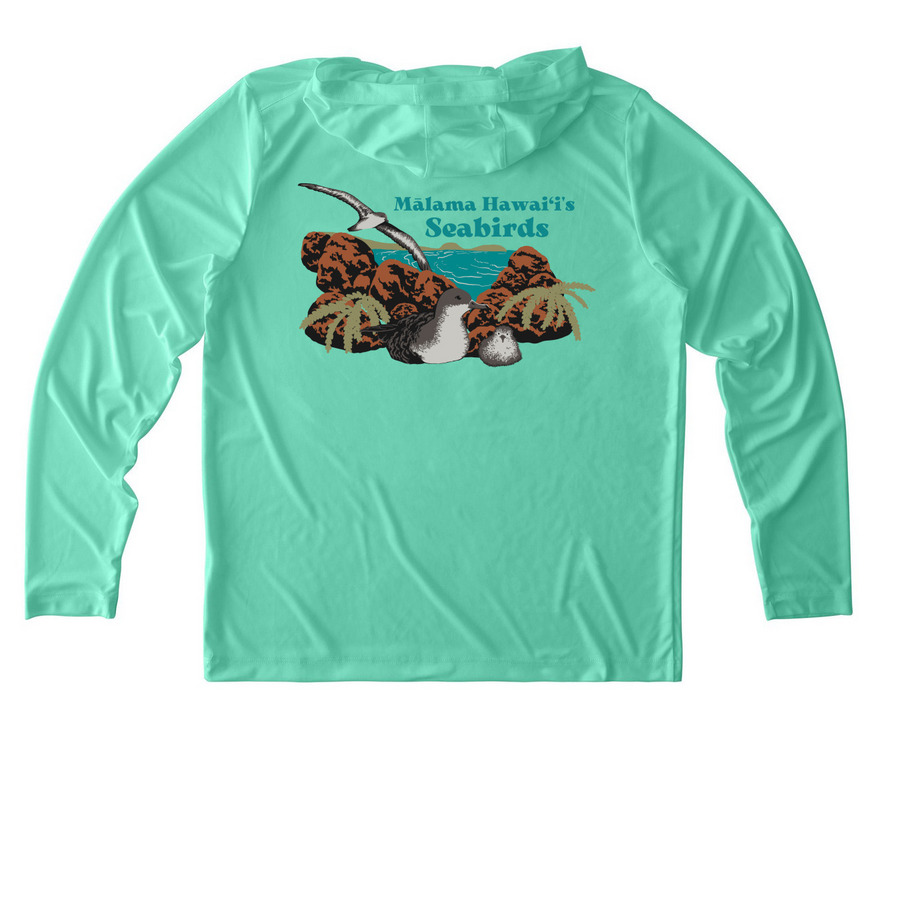 Performance Tee - M?lama Hawai?i's Seabirds, a Bright Seafoam UV Performance Long Sleeve Hoodie (back-view)
