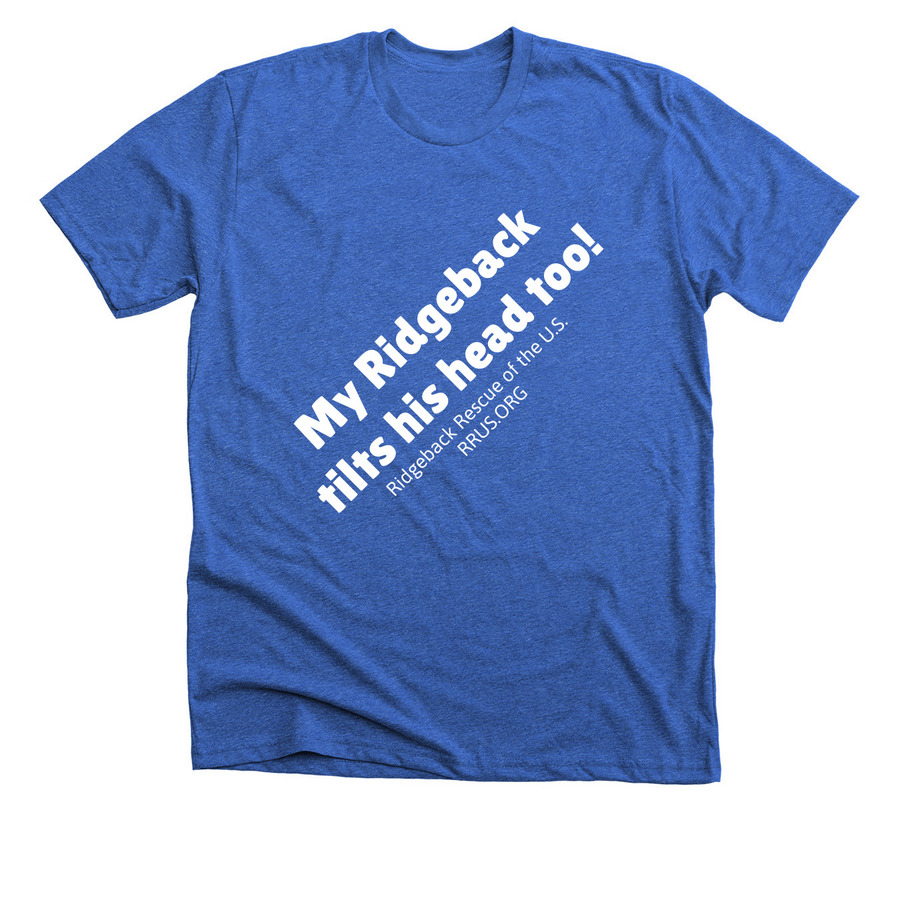 Head tilts male, a Heather True Royal Premium Unisex Tee