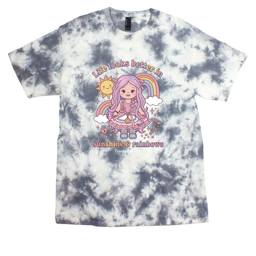 Life Looks Better in Sunshine & Rainbows, a Grey Crystal Tie Dye Tee