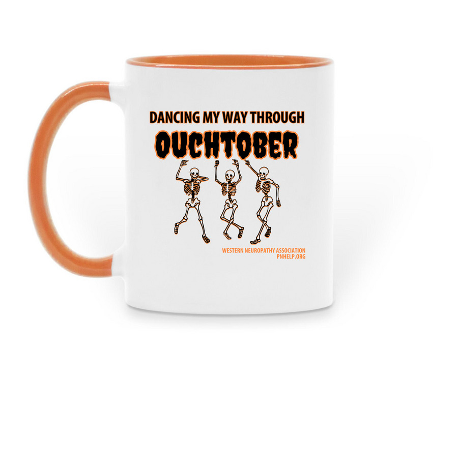 Dancing through Ouchtober Mugs, a Orange Two-Tone Ceramic Mug (back-view)