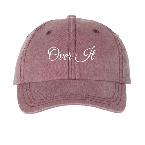Over It hat, a Maroon Printed Pigment Dye Baseball Cap