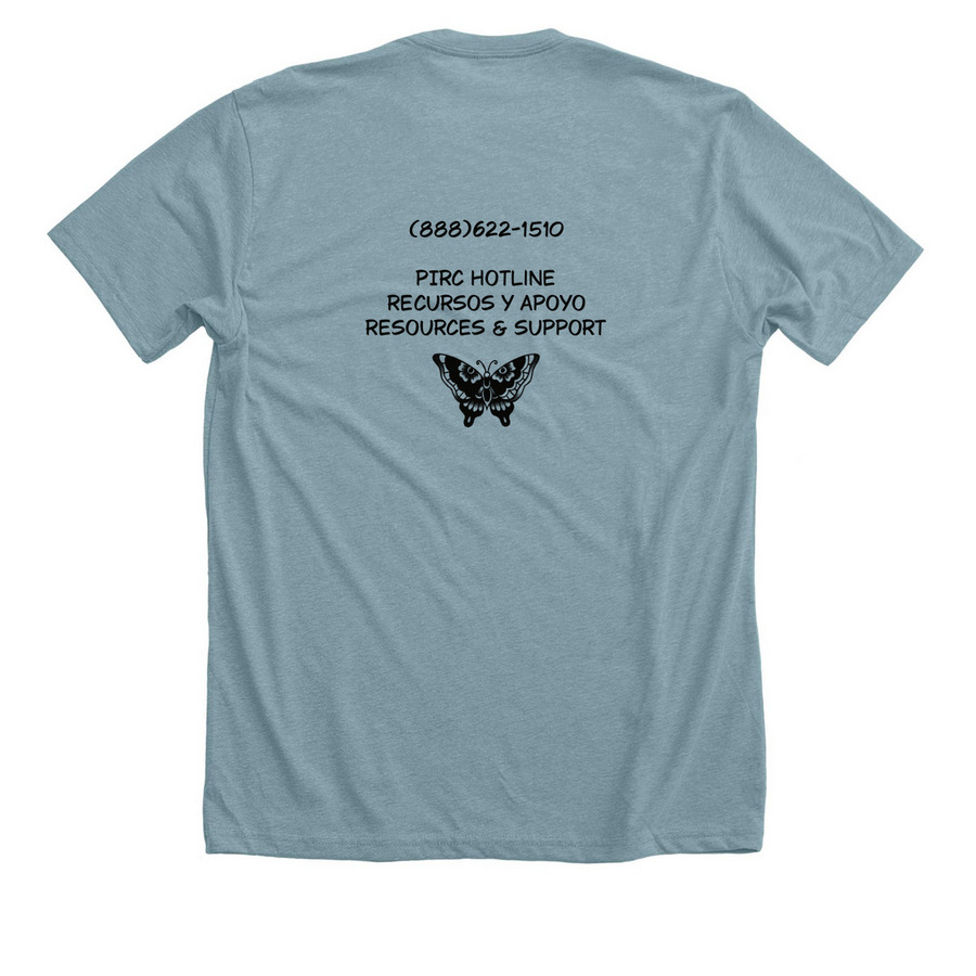 PIRC Bridging the Gap, a Heather Blue Lagoon Premium Unisex Tee (back-view)