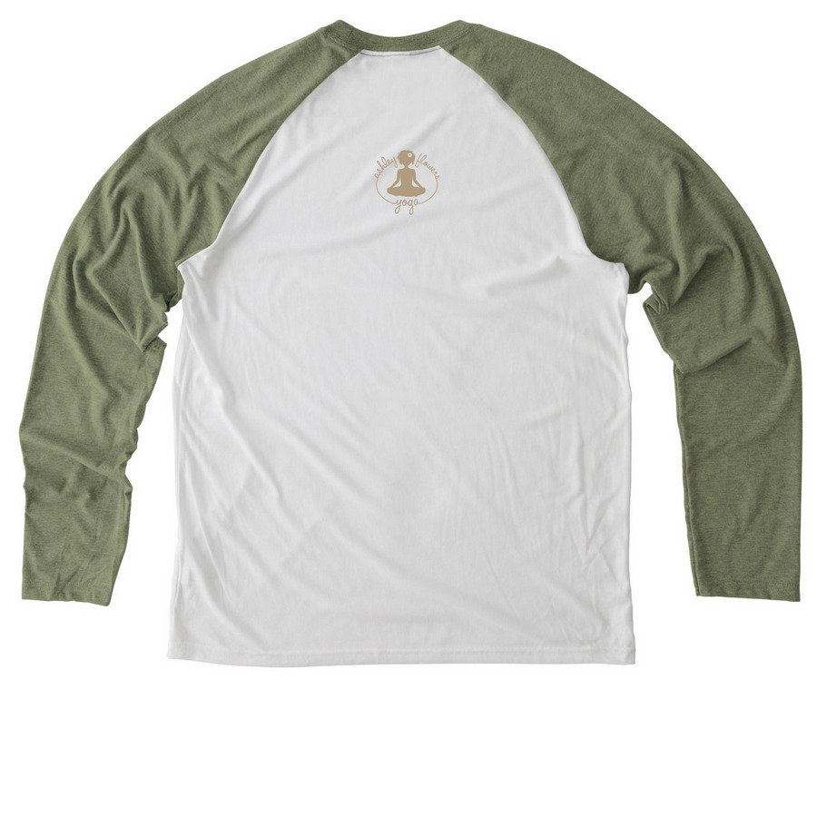 Maine Yogis&nbsp;??, a Olive You Green/ Bright White Allmade Eco Triblend Colorblock Raglan Long Sleeve Tee (back-view)