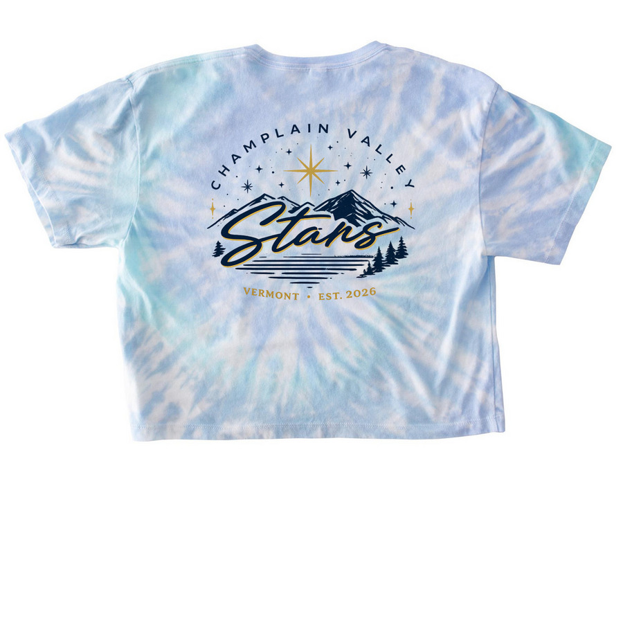 Champlain Valley Stars Art, a Lagoon Women's Tie Dye Cropped Tee (back-view)