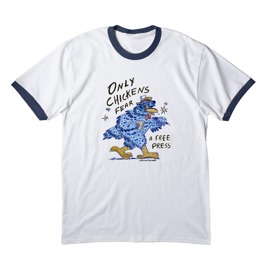"Only Chickens Fear a Free Press" Apparel, a White/ Navy Cotton Ringer Tee