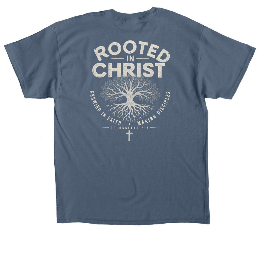 NEBC Youth - Rooted, a Indigo Blue Classic Unisex Tee (back-view)