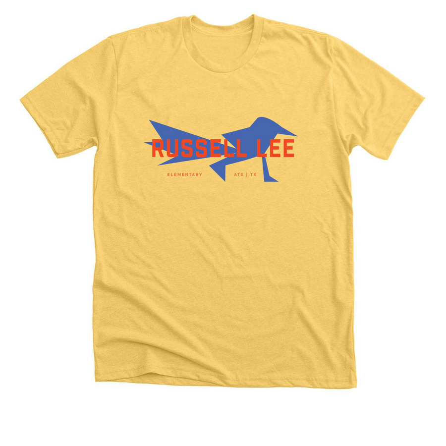 Roadrunner Blue on Yellow, a Heather Yellow Gold Premium Unisex Tee