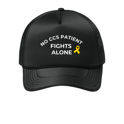 No CCS Patient Fights Alone Trucker Hat, a Deep Black Printed Foam Trucker Hat