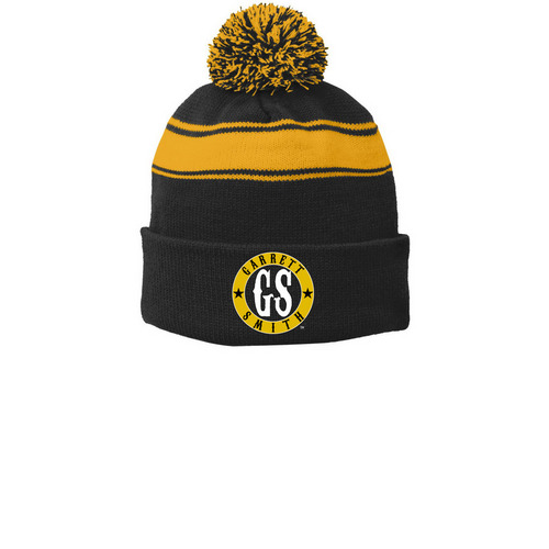 Classic GS Logo Hats, a Black/ Gold Printed Stripe Pom-Pom Beanie