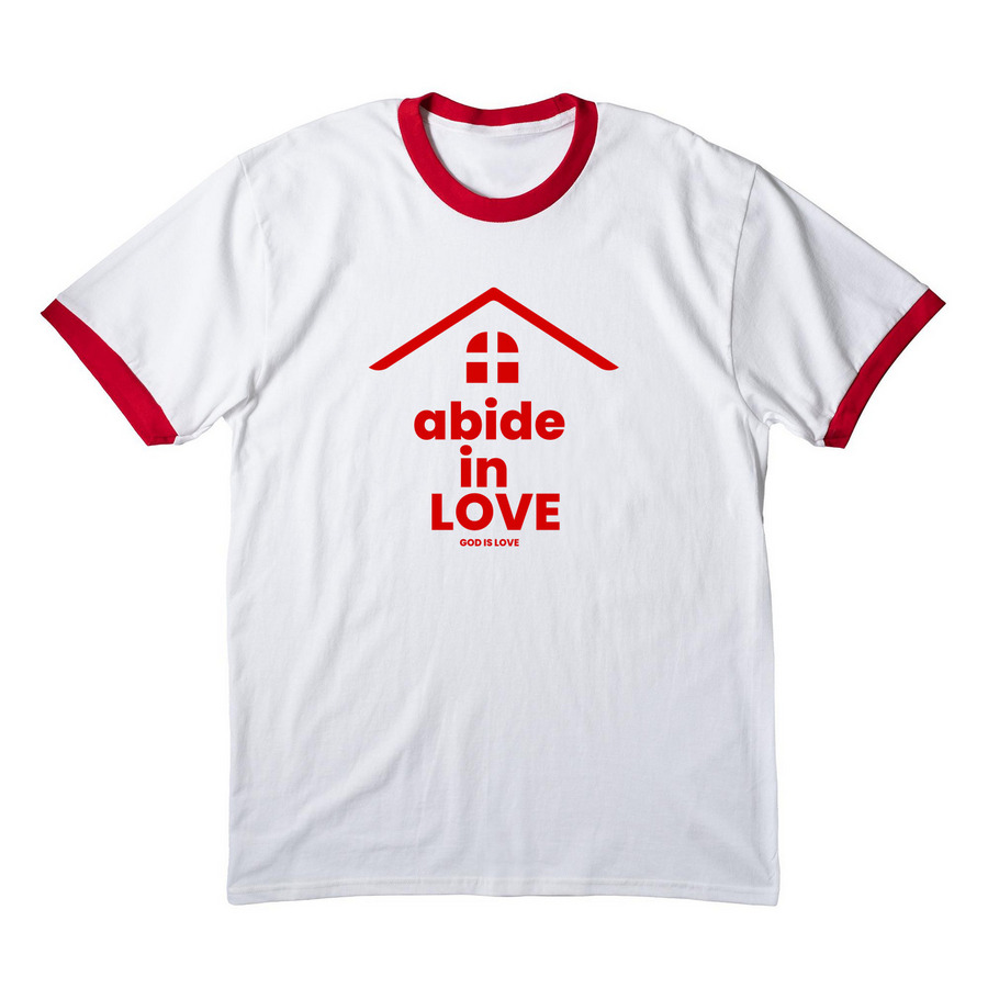 ABIDE, a White/ Red Cotton Ringer Tee