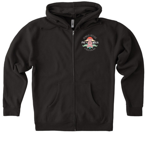 Pig Yoga Zip-Ups Campaign, a Black Heavyweight Zip Up Hoodie