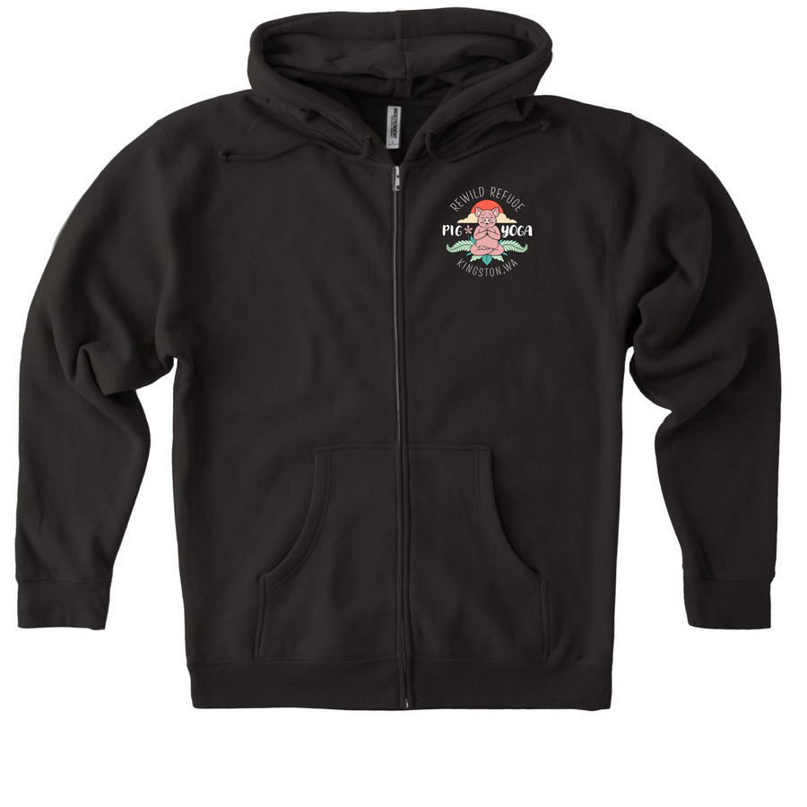 Pig Yoga Zip-Ups Campaign, a Black Heavyweight Zip Up Hoodie