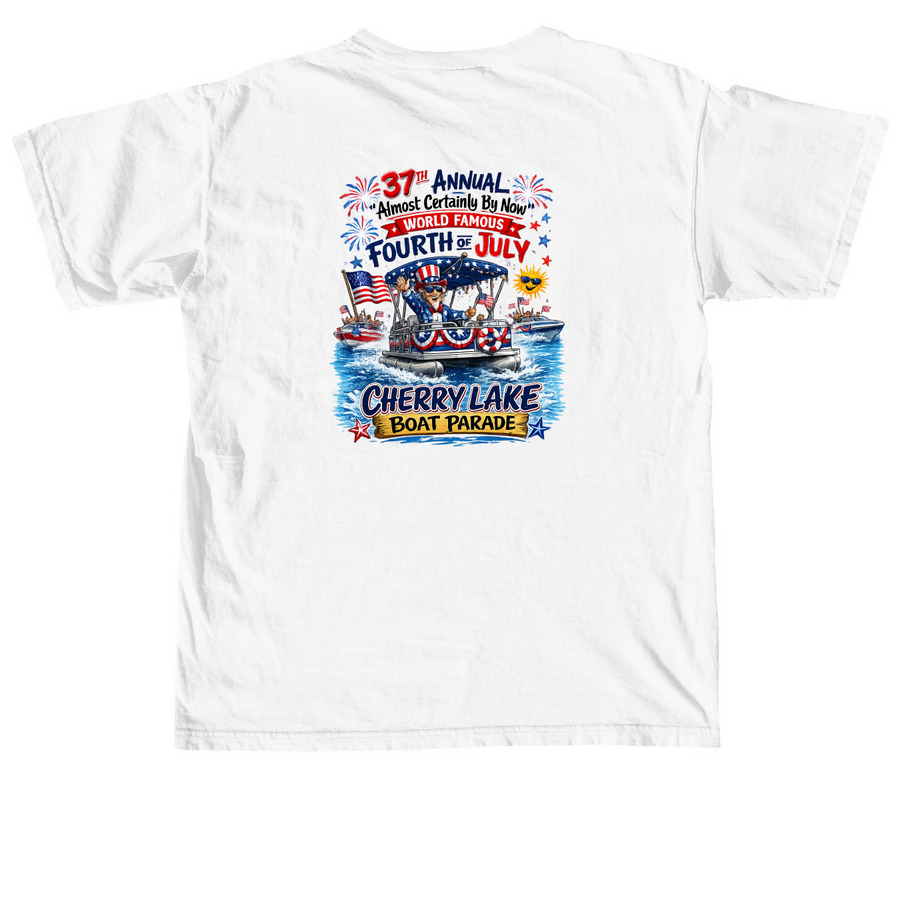 Cherry Lake Boat Parade, a White Comfort Colors Unisex Tee (back-view)
