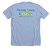 PugFest 2025 Peace Love Pugs T-shirt, a Heather Baby Blue Premium Unisex Tee (back-view)