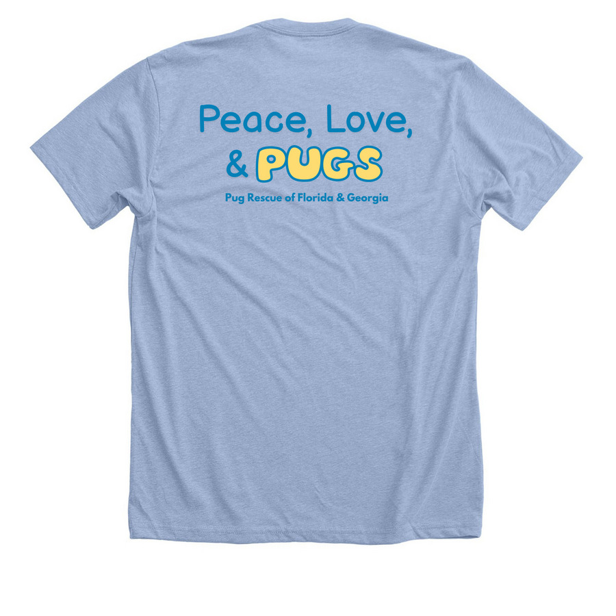 PugFest 2025 Peace Love Pugs T-shirt, a Heather Baby Blue Premium Unisex Tee (back-view)