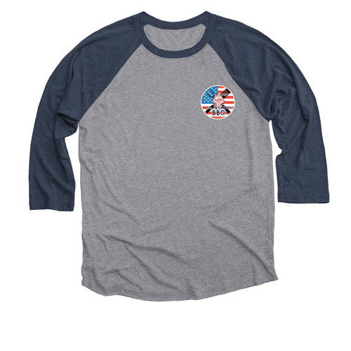 All American BBQ, a Vintage Navy and Premium Heather 3/4 Sleeve Baseball Tee