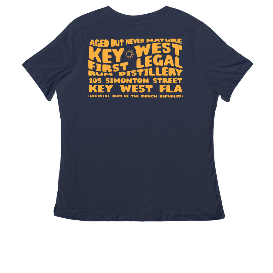 key West aged but not mature, a Navy Women's Relaxed V-Neck Tee (back-view)