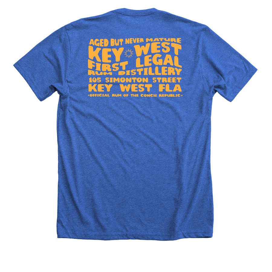 key West aged but not mature, a Heather True Royal Premium Unisex Tee (back-view)